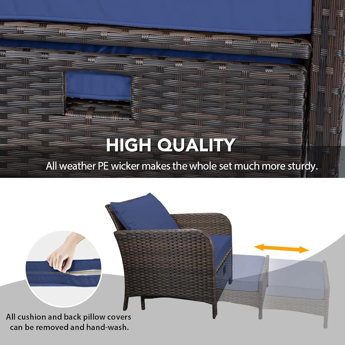 LEVELEVE Balcony Furniture - Juego de 5 piezas para conversación de patio, sillas de mimbre de polietileno para exteriores con cojines suaves, 2 otomanas y mesa de cristal para porche, mimbre marrón