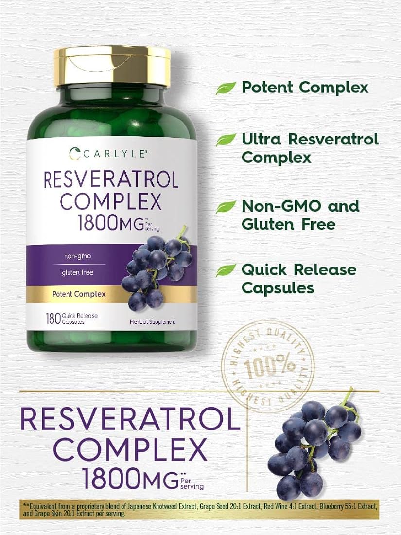 Suplemento Carlyle de resveratrol 1800 mg 180 cápsulas