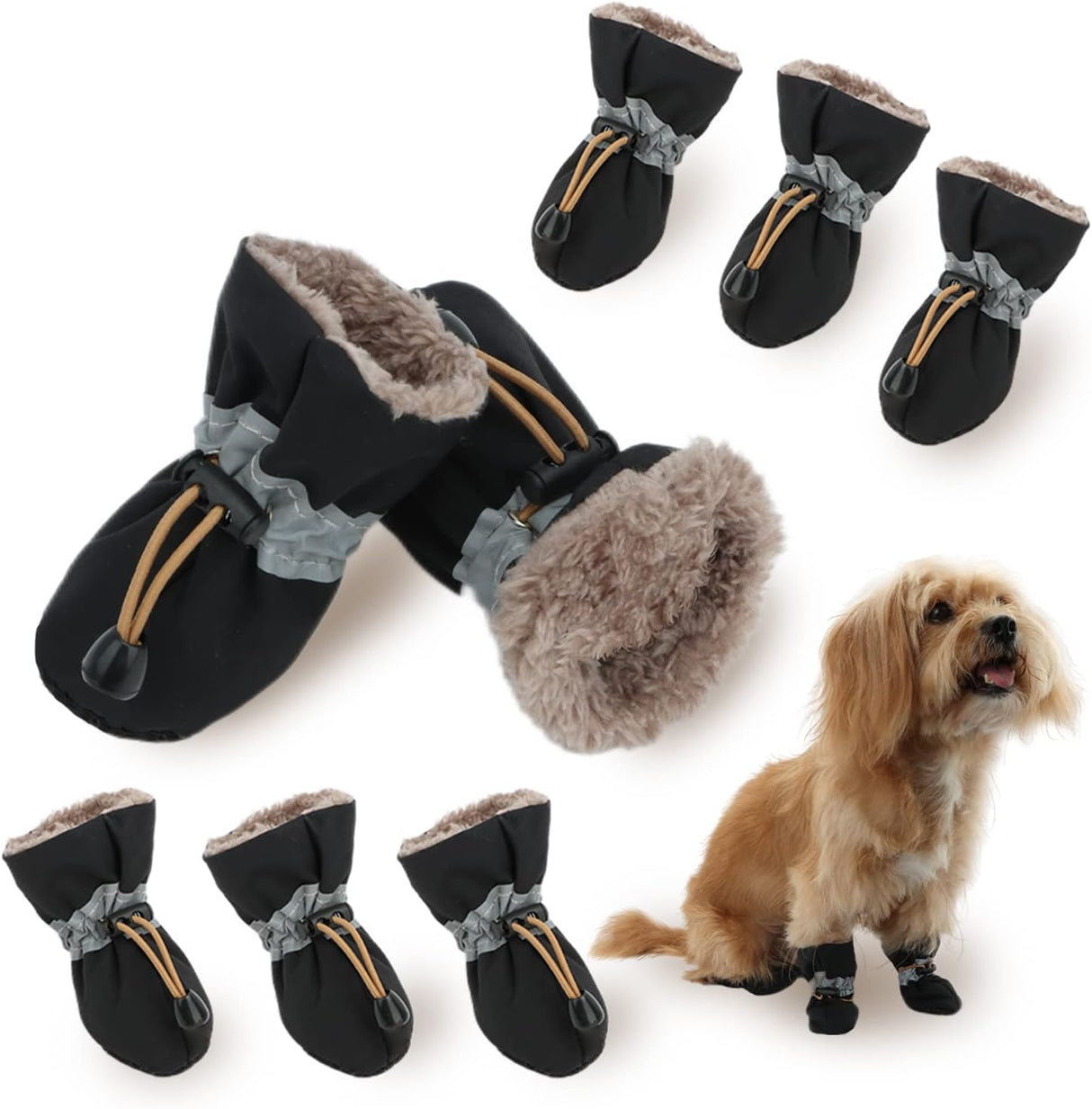 LUZGAT Botas de perro cálidas para perro, protector de patas de varias piezas para invierno, perros pequeños y medianos, con suela antideslizante y felpa, paquete de 8 (negro + negro, talla 1