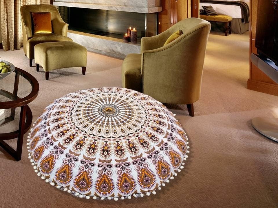 Funda bohemia para cojín, de 32 pulgadas, con diseño de mandala, para meditación, decorativa, otomana, grande, para exteriores, decoración del hogar, decoración de arte en el hogar, redonda, con pompones de algodón, cómoda