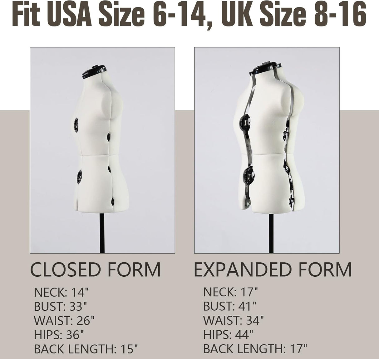 Maniquí ajustable para costura, tamaño 6-14, 13 diales, 42.5-60