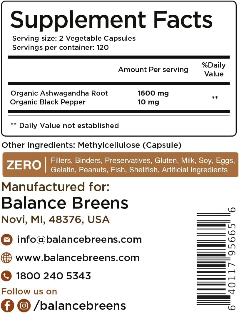 Suplemento de Ashwagandha 1600 mg - Balance Breens - 120 Vegano