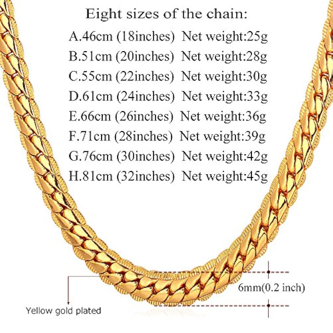 U7 collar cadena con forma de serpiente, 18-32 pulgadas