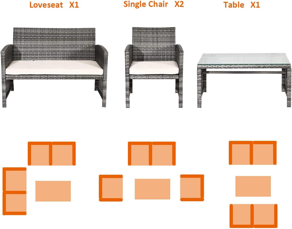 Goplus Juego de muebles de ratán para patio, 4 piezas, sofá y mesa de mimbre para exteriores con cojines suaves y mesa de centro de vidrio templado para balcón, jardín, patio trasero (beige (mimbre de color mixto))
