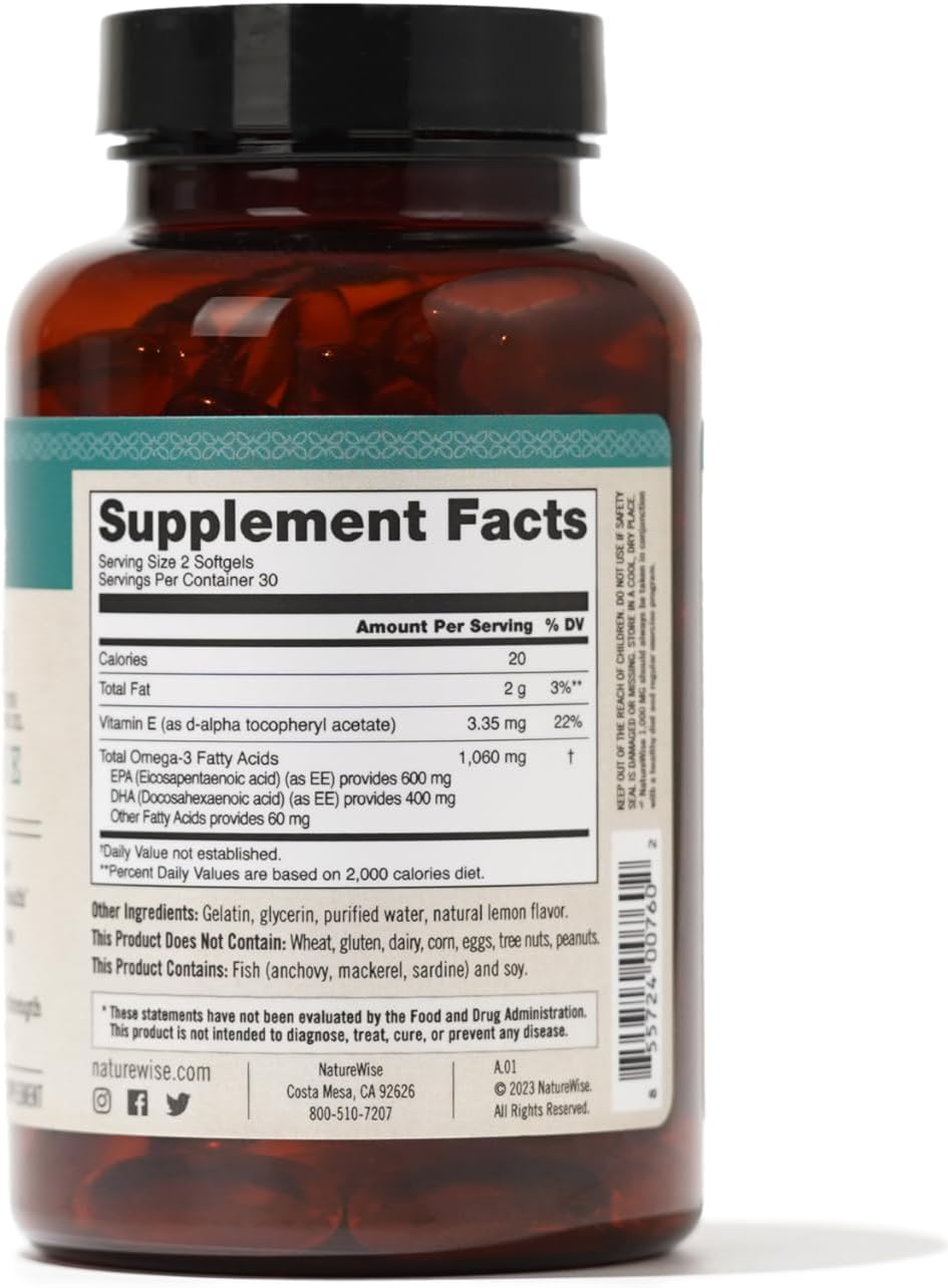 Suplemento Omega 3 NatureWise 1000mg, 60 Cápsulas, EPA/DHA