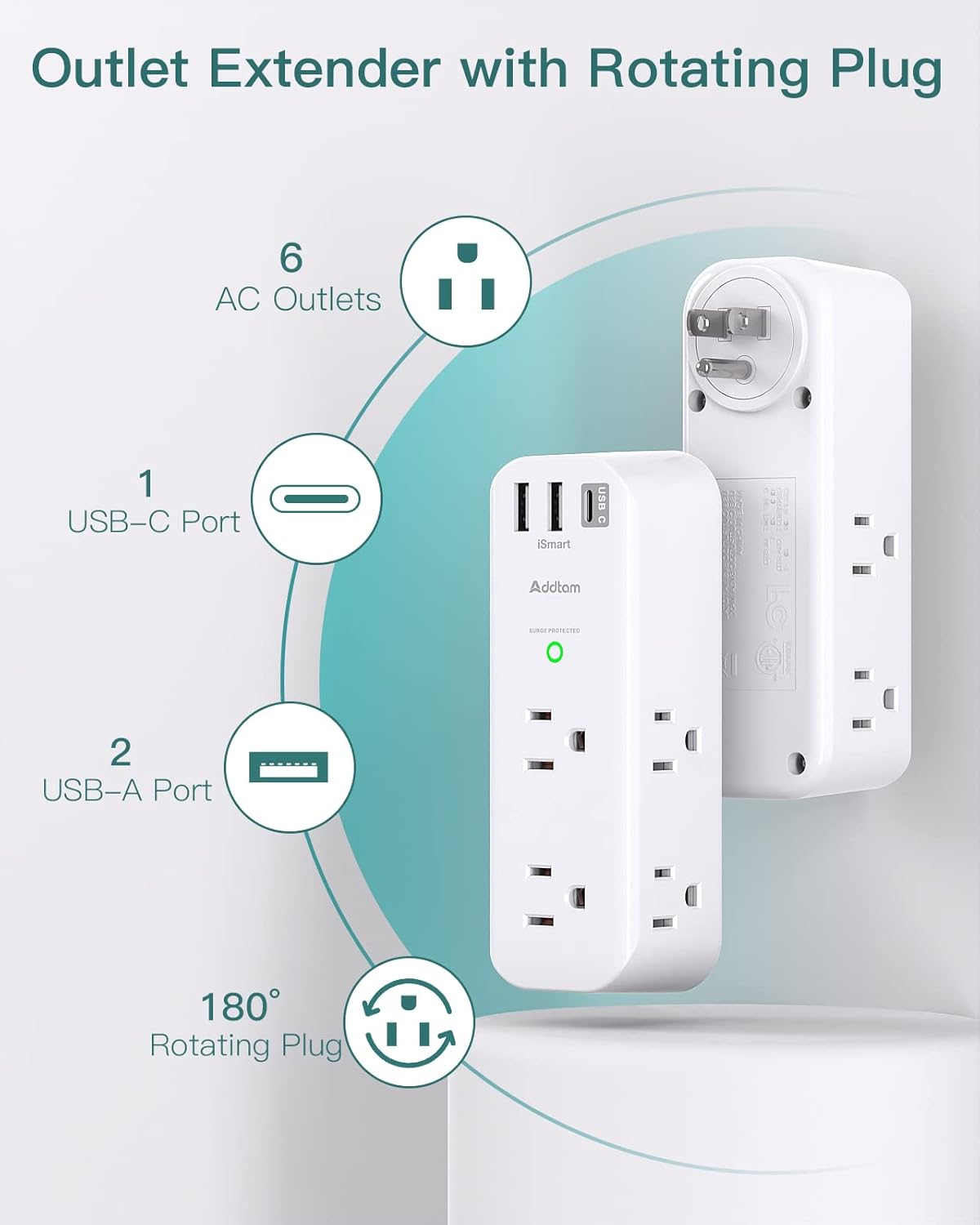 Protector de sobretensiones – Extensor de salida con enchufe giratorio y múltiple con 6 puertos USB de CA, 3 puertos USB (1 USB C), regleta de alimentación de 3 lados con cargador adaptador de pared