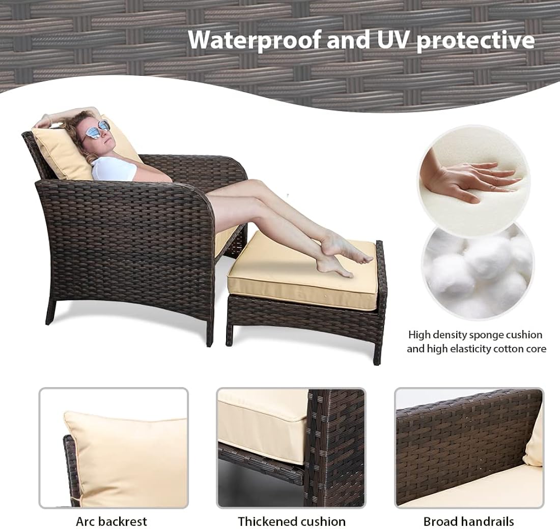 LEVELEVE Balcony Furniture - Juego de 5 piezas para conversación de patio, sillas de mimbre de polietileno para exteriores con cojines suaves, 2 otomanas y mesa de cristal para porche, mimbre marrón