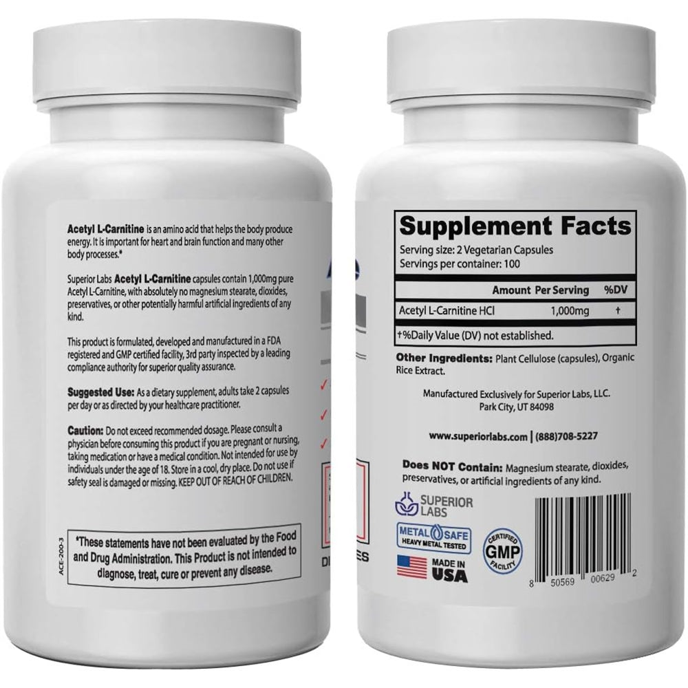 Suplementos Acetil L-carnitina 1000 mg 200 cápsulas