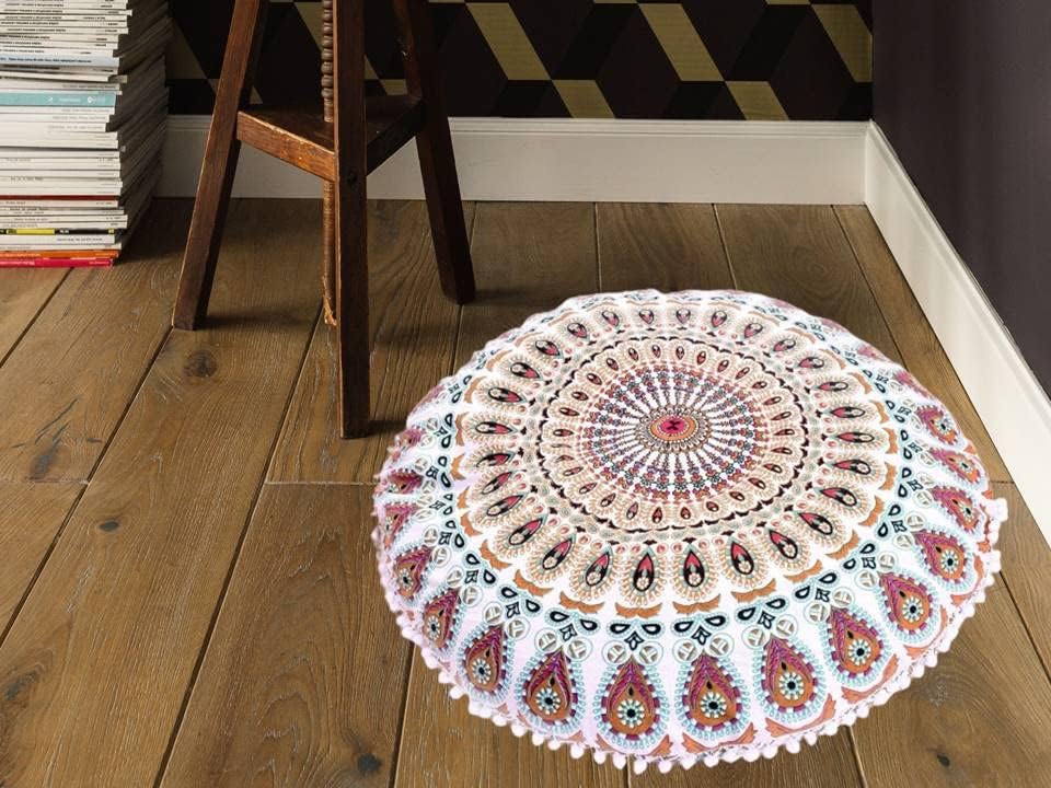 Funda bohemia para cojín, de 32 pulgadas, con diseño de mandala, para meditación, decorativa, otomana, grande, para exteriores, decoración del hogar, decoración de arte en el hogar, redonda, con pompones de algodón, cómoda
