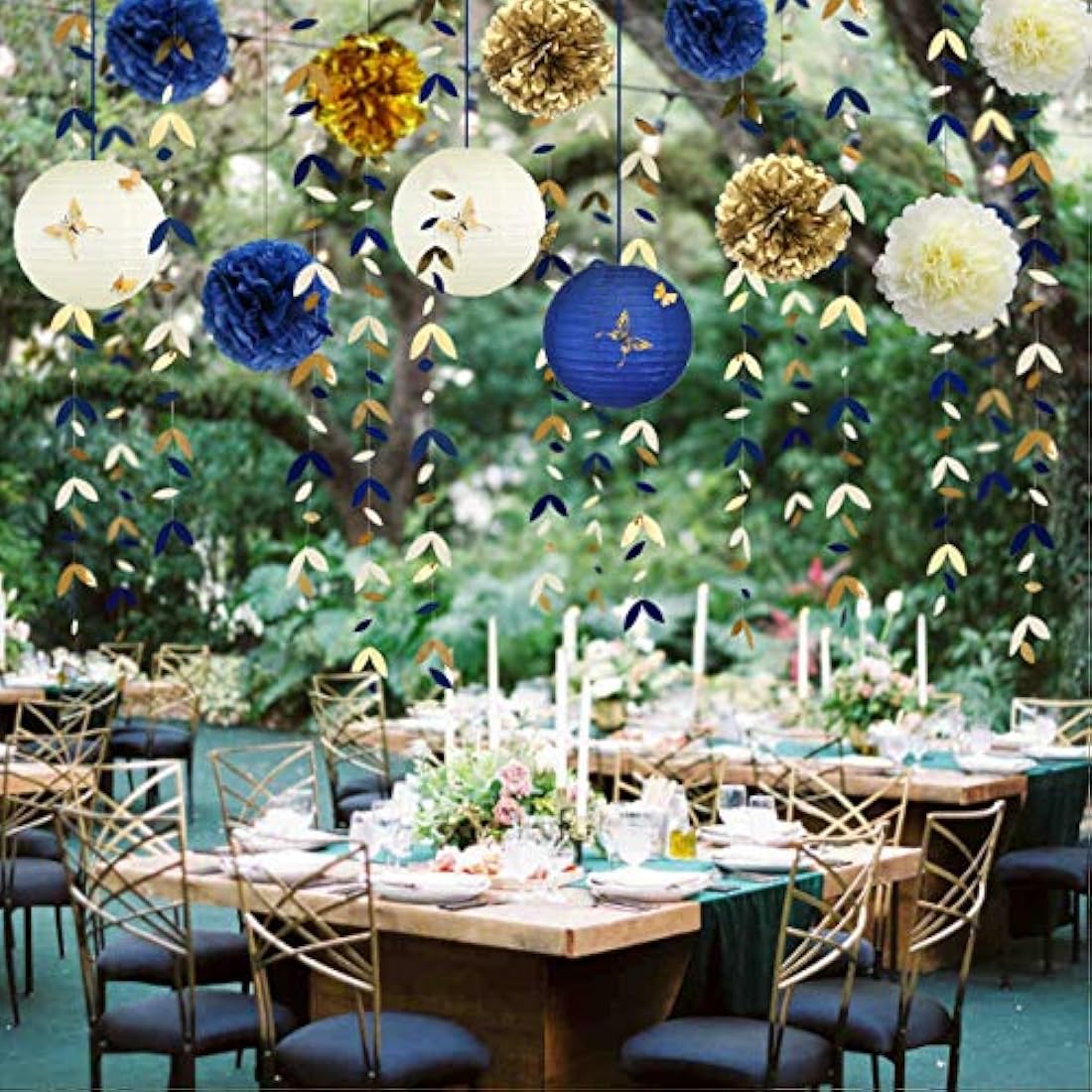 Kit de decoración de fiesta azul marino y dorado, faroleras