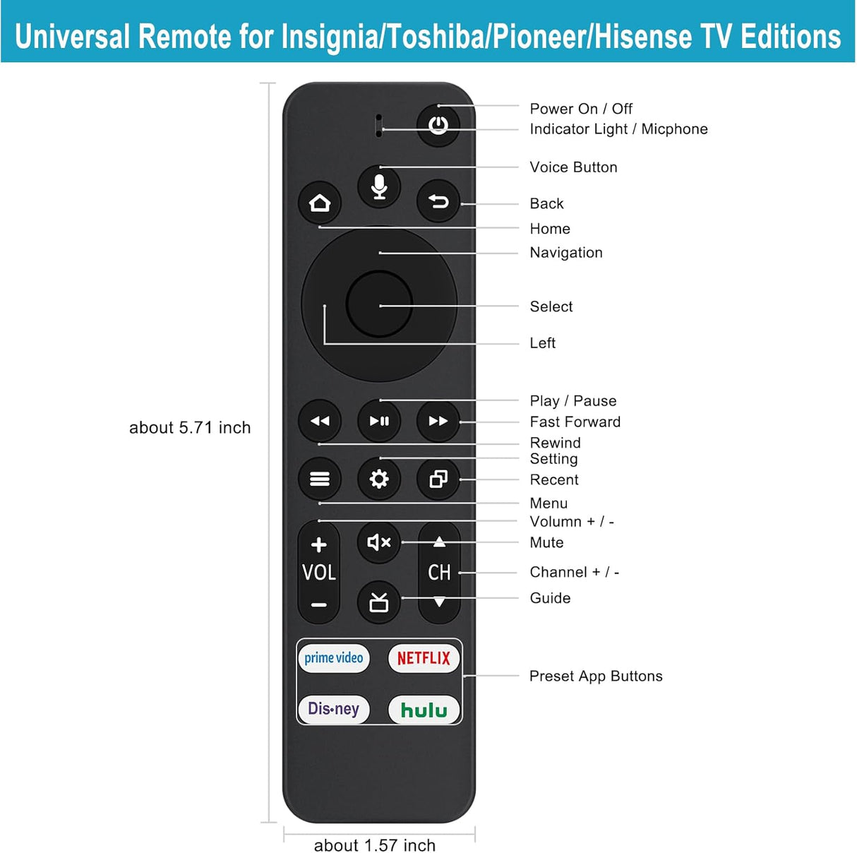 Control remoto Allimity CT-RC1US-21 para TV Insignia/Toshiba