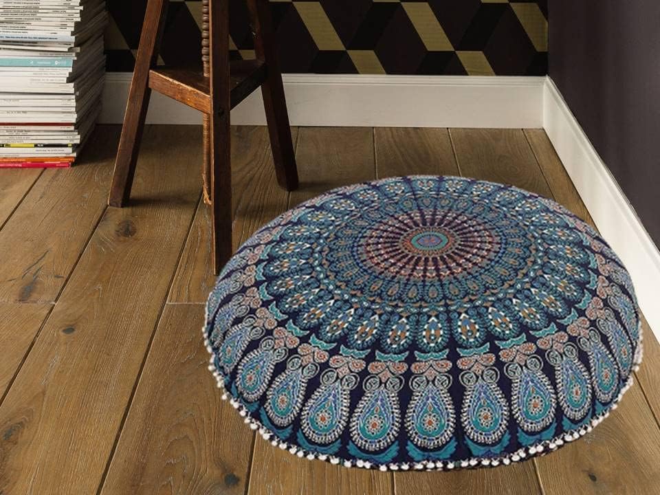 Funda bohemia para cojín, de 32 pulgadas, con diseño de mandala, para meditación, decorativa, otomana, grande, para exteriores, decoración del hogar, decoración de arte en el hogar, redonda, con pompones de algodón, cómoda