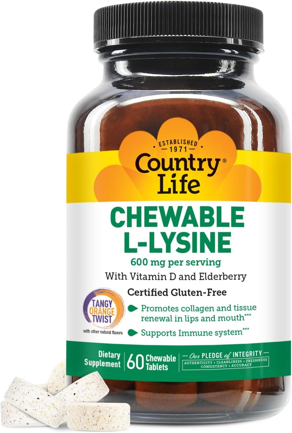 Suplemento L-Lisina Chewable Country Life, Inmunidad y Colágeno