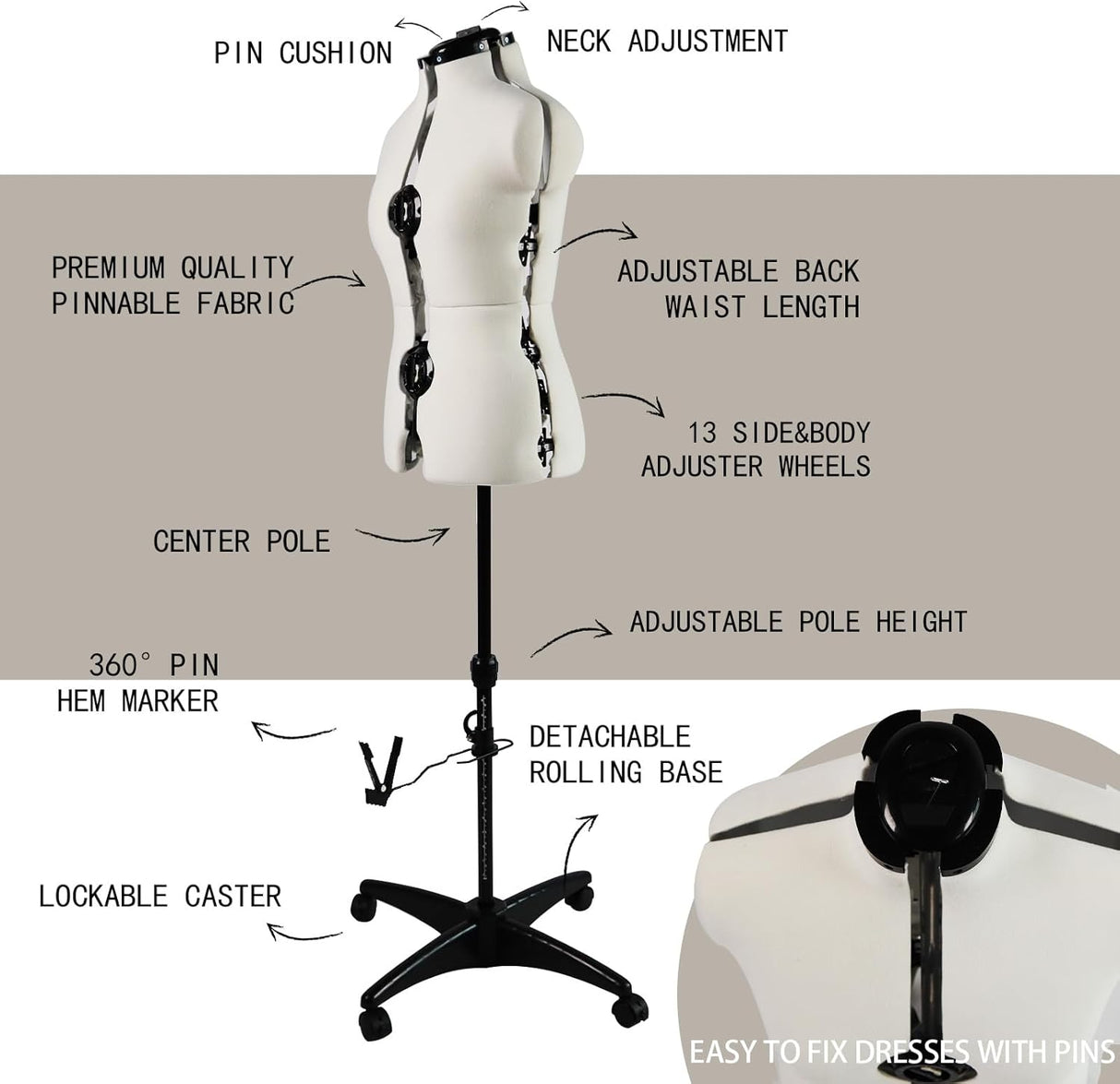 Maniquí ajustable para costura, tamaño 6-14, 13 diales, 42.5-60