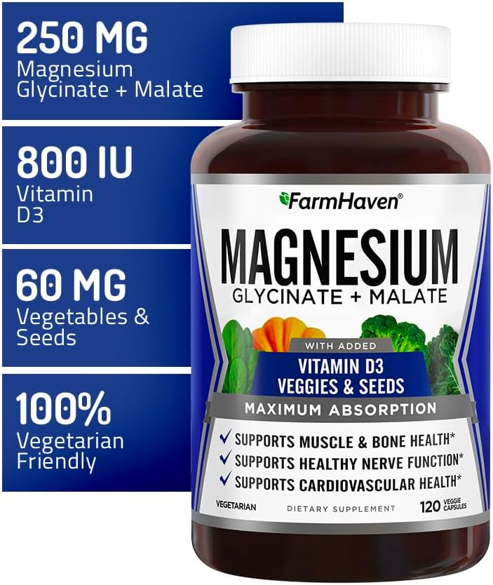 FarmHaven Magnesio Glicinato y Malato con D3, 120 cápsulas