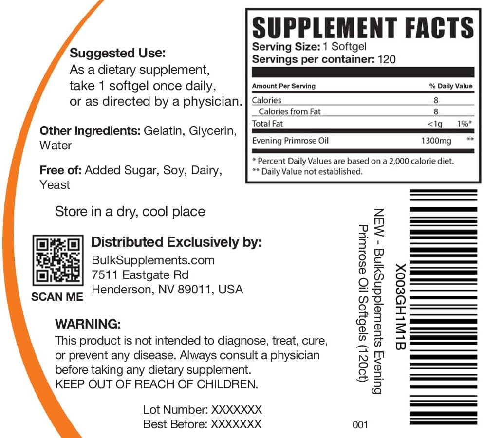 Suplemento BULKSUPPLEMENTS Aceite de onagra de 1300 mg cáp