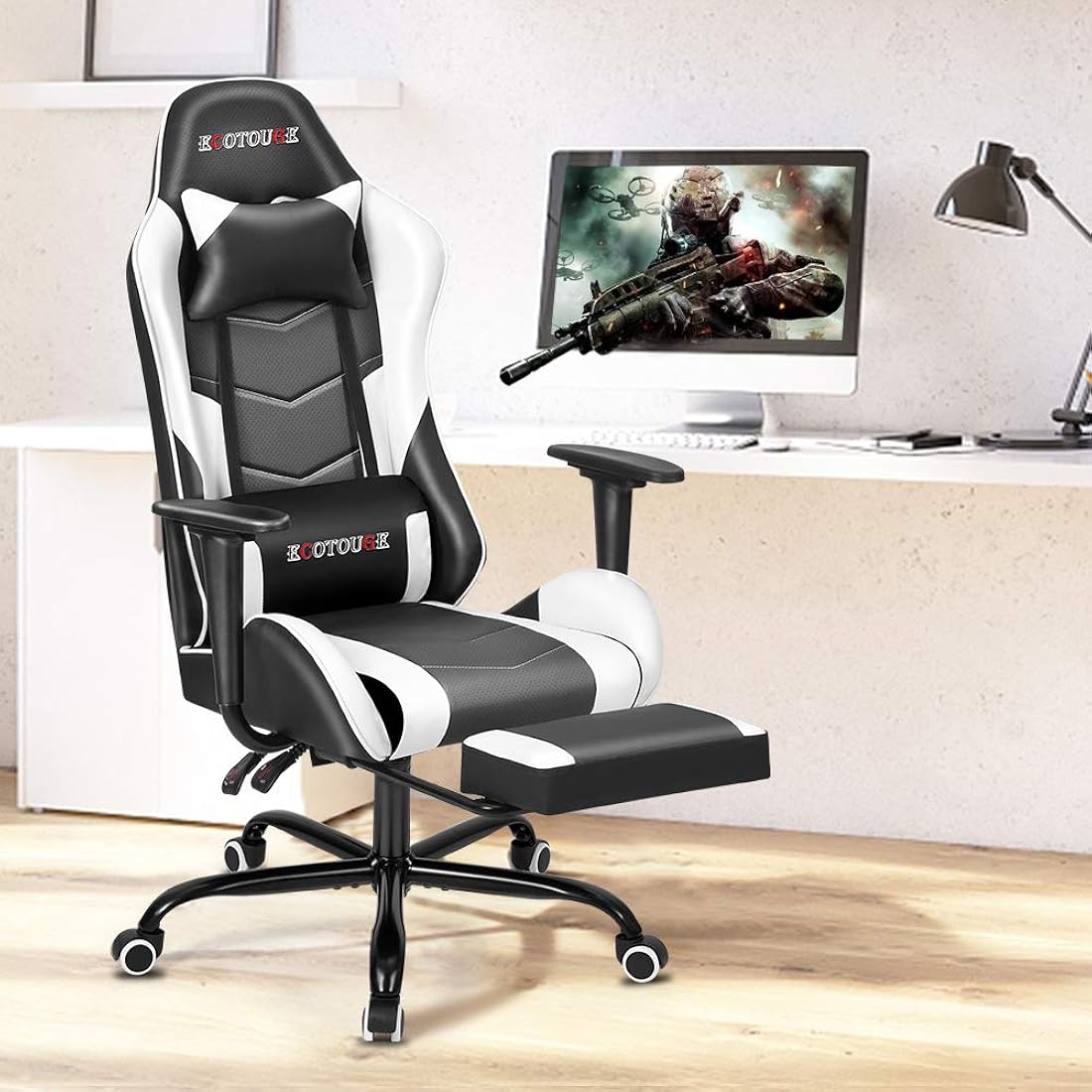 Silla Gamer de masaje de PC con reposapiés ECOTOUGE