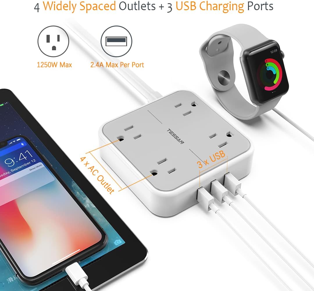 Tessan Regleta con 3 puertos USB, cable de extensión de 5ft