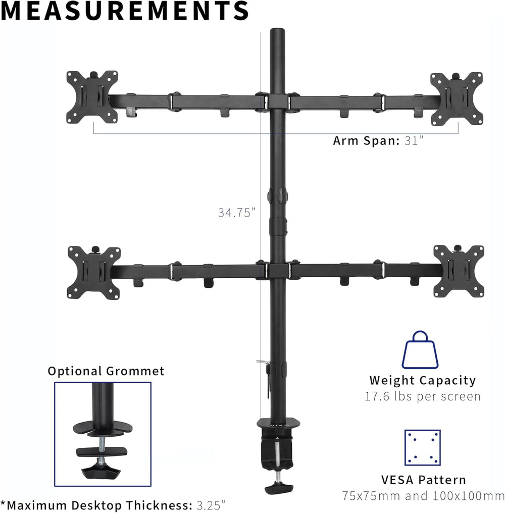 Soporte de Monitor VIVO para 4 Pantallas, Ajustable, STAND-V004