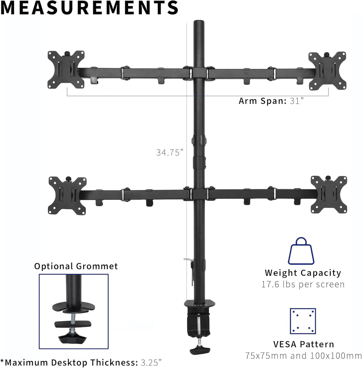 Soporte de Monitor VIVO para 4 Pantallas, Ajustable, STAND-V004