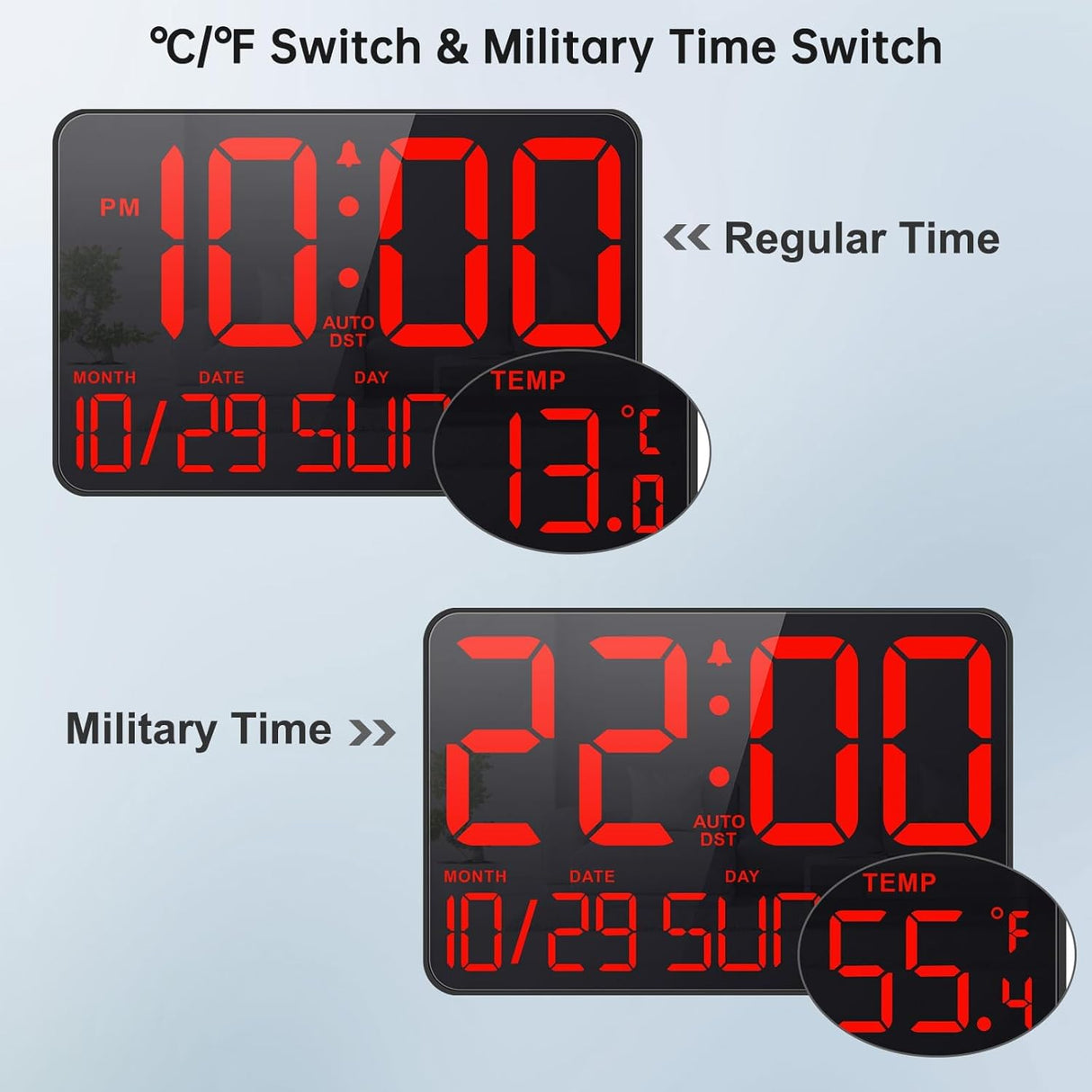 Reloj de Pared Digital Grande con Calendario y Alarma 12/24hr