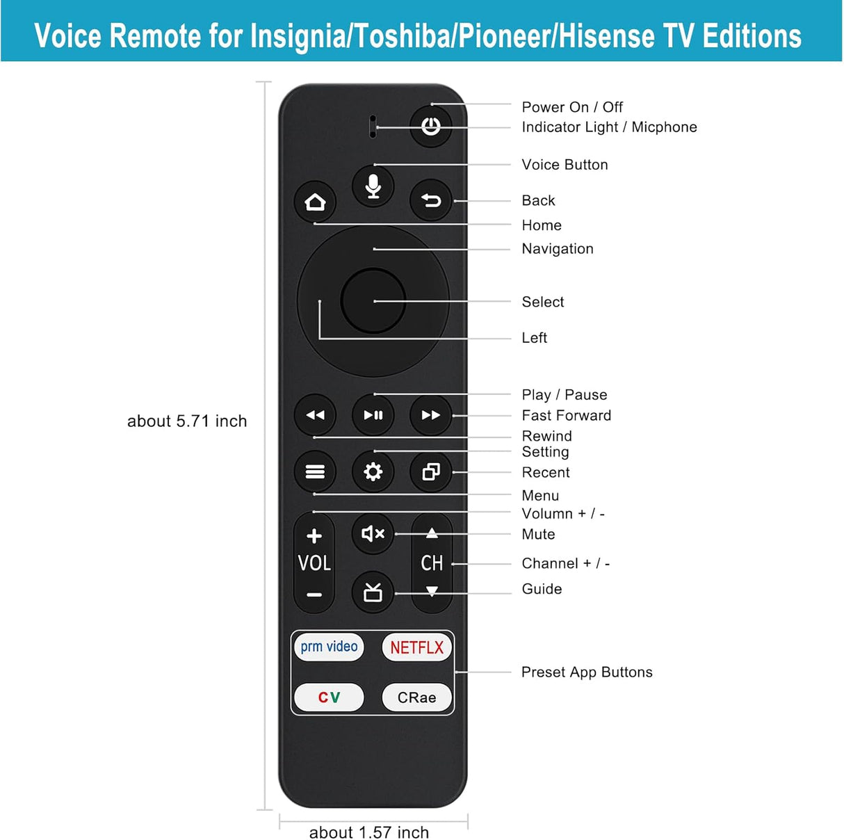 Control remoto CP-RC1NA-22 para TV Smart Insignia/Toshiba