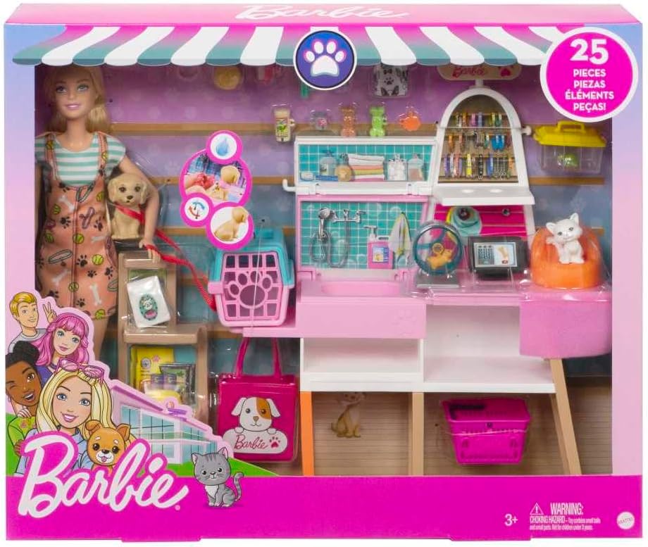 Barbie Doll y Set de Juegos con 4 Mascotas y Características de Cambio