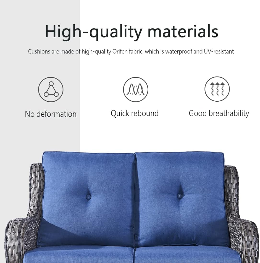 Belord Juego de muebles de patio al aire libre de 5 piezas, muebles de mimbre para conversación, sillas mecedoras giratorias para exteriores con sofá biplaza y 2 otomanas para espacios pequeños, cojín azul