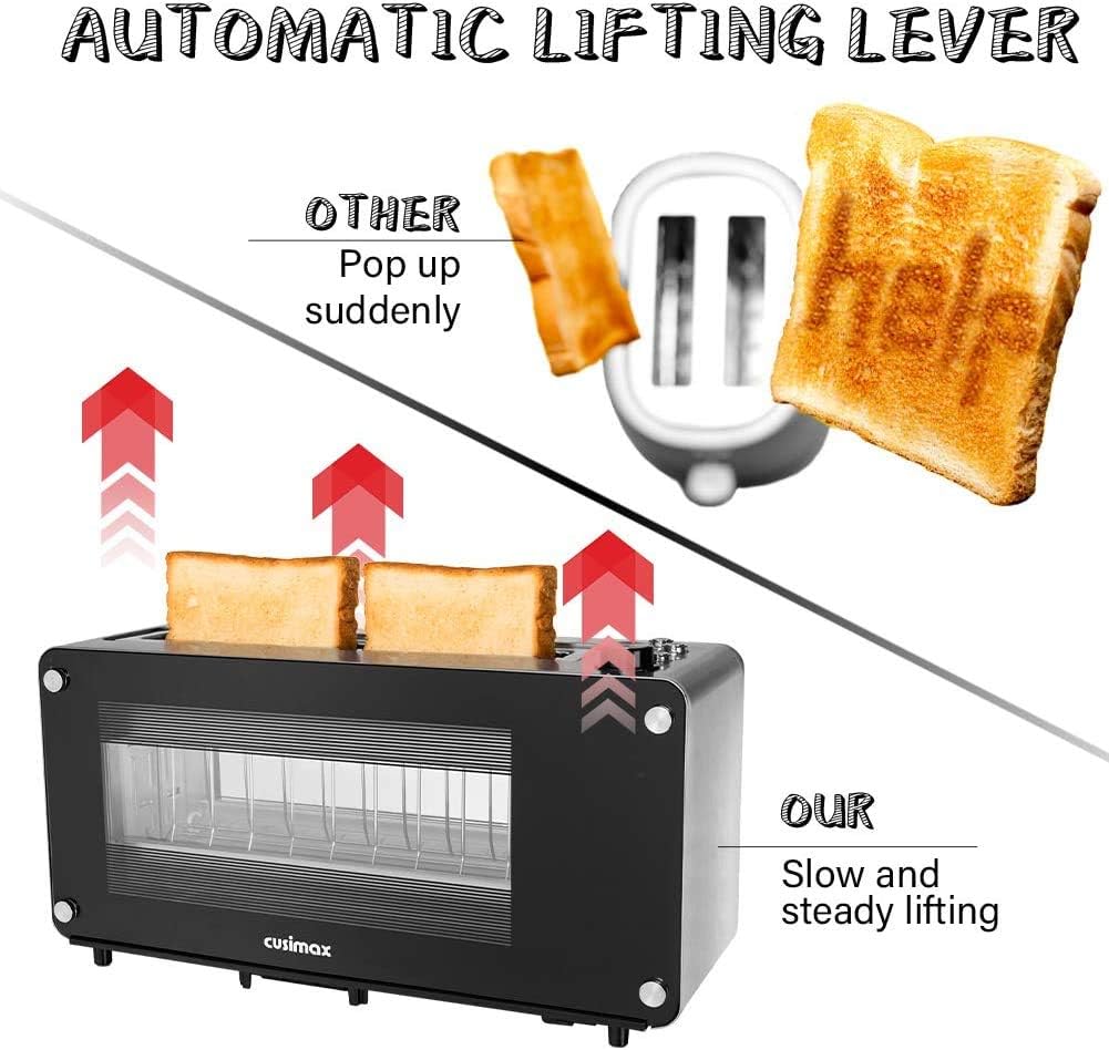 Tostadora CUSIMAX de 2 rebanadas, tostadora de ranura larga con ventana de vidrio, tostadora de pan artesanal de acero inoxidable con elevación automática, panel de vidrio deslizante y bandeja extraíble para migas, tostadora negra