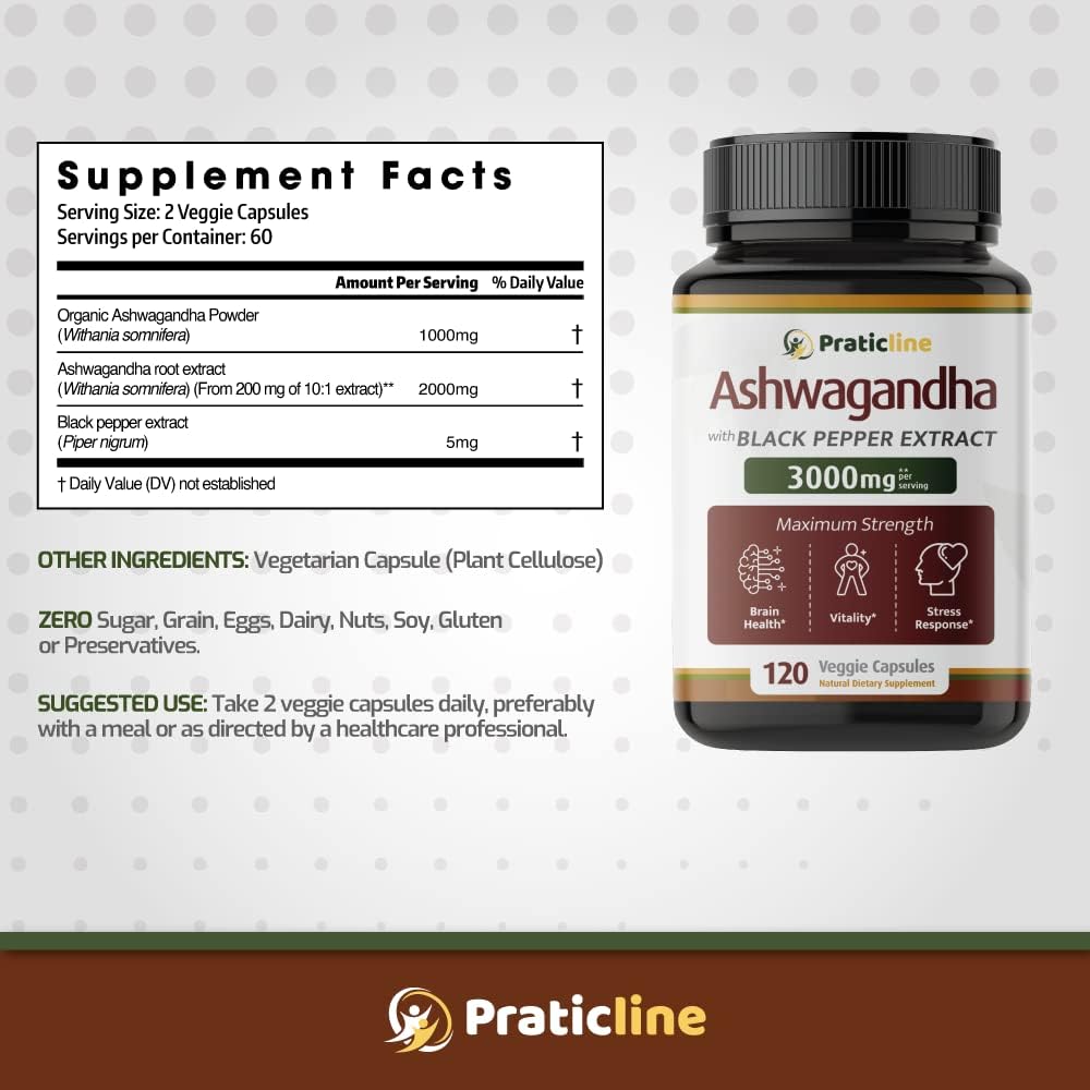 Cápsulas de Ashwagandha 3000 mg - Veganas, Orgánicas, 120 Cap