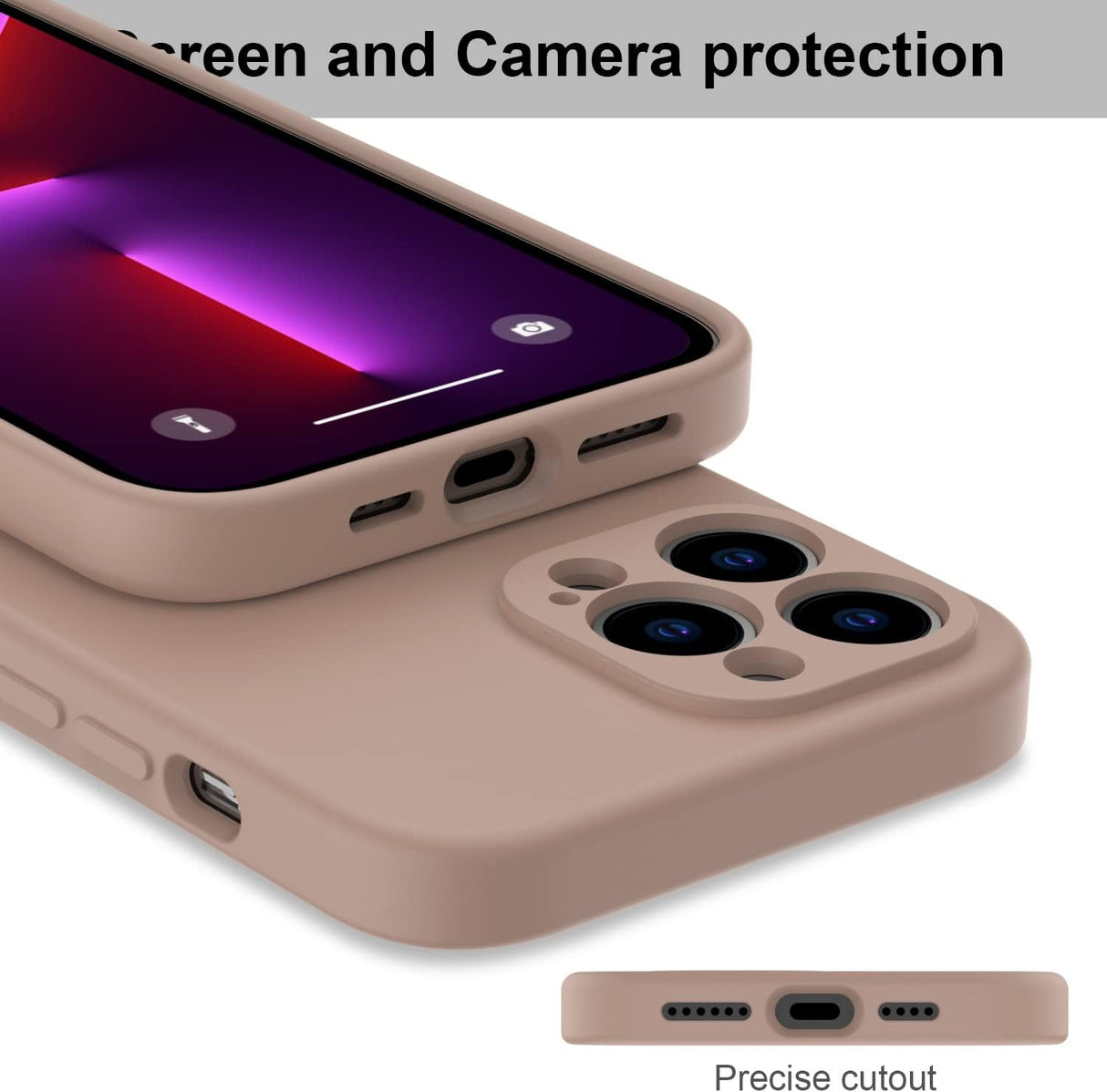 DEENAKIN Funda para iPhone 13 Pro Max con protector de pantalla, cubierta de goma de gel de silicona líquida suave y duradera para iPhone 13 Pro Max de 6.7 pulgadas, color marrón claro