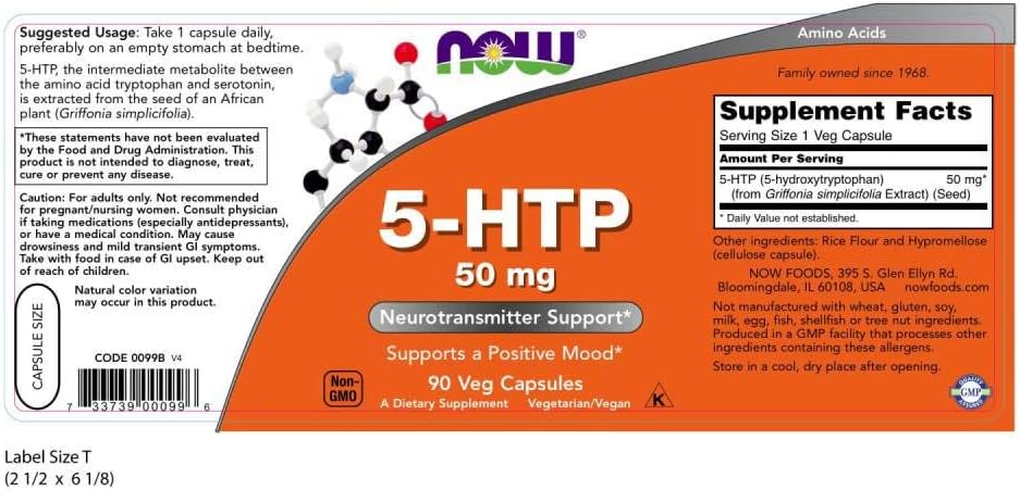 Suplemento 5-HTP 50 mg, NOW Foods, 90 cápsulas vegetales