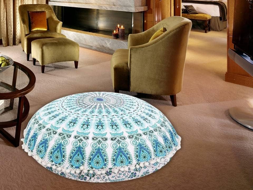 Funda bohemia para cojín, de 32 pulgadas, con diseño de mandala, para meditación, decorativa, otomana, grande, para exteriores, decoración del hogar, decoración de arte en el hogar, redonda, con pompones de algodón, cómoda