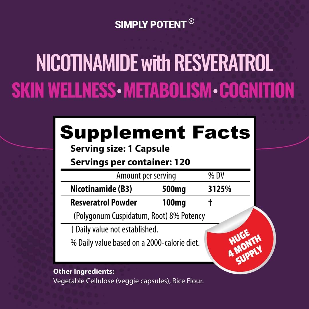 Suplemento Nicotinamida 500mg con Resveratrol 100mg Vit B3