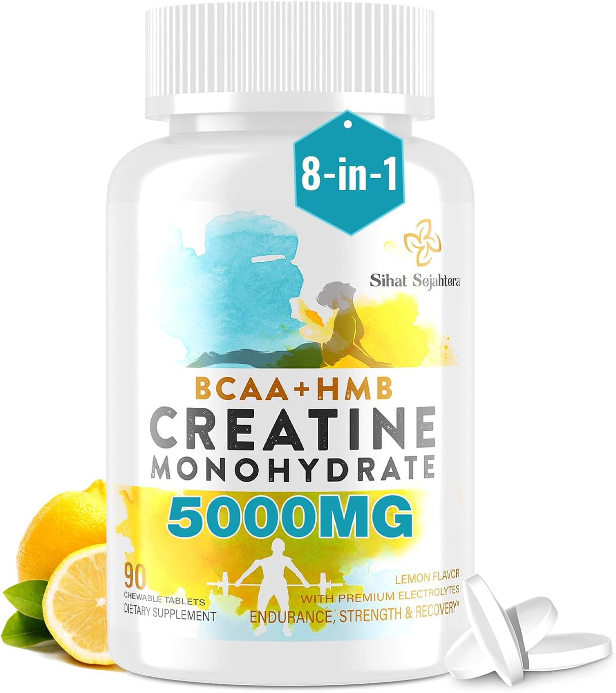 Creatina Monohidratada 8 en 1, Sin Azúcar, 90 Tabletas