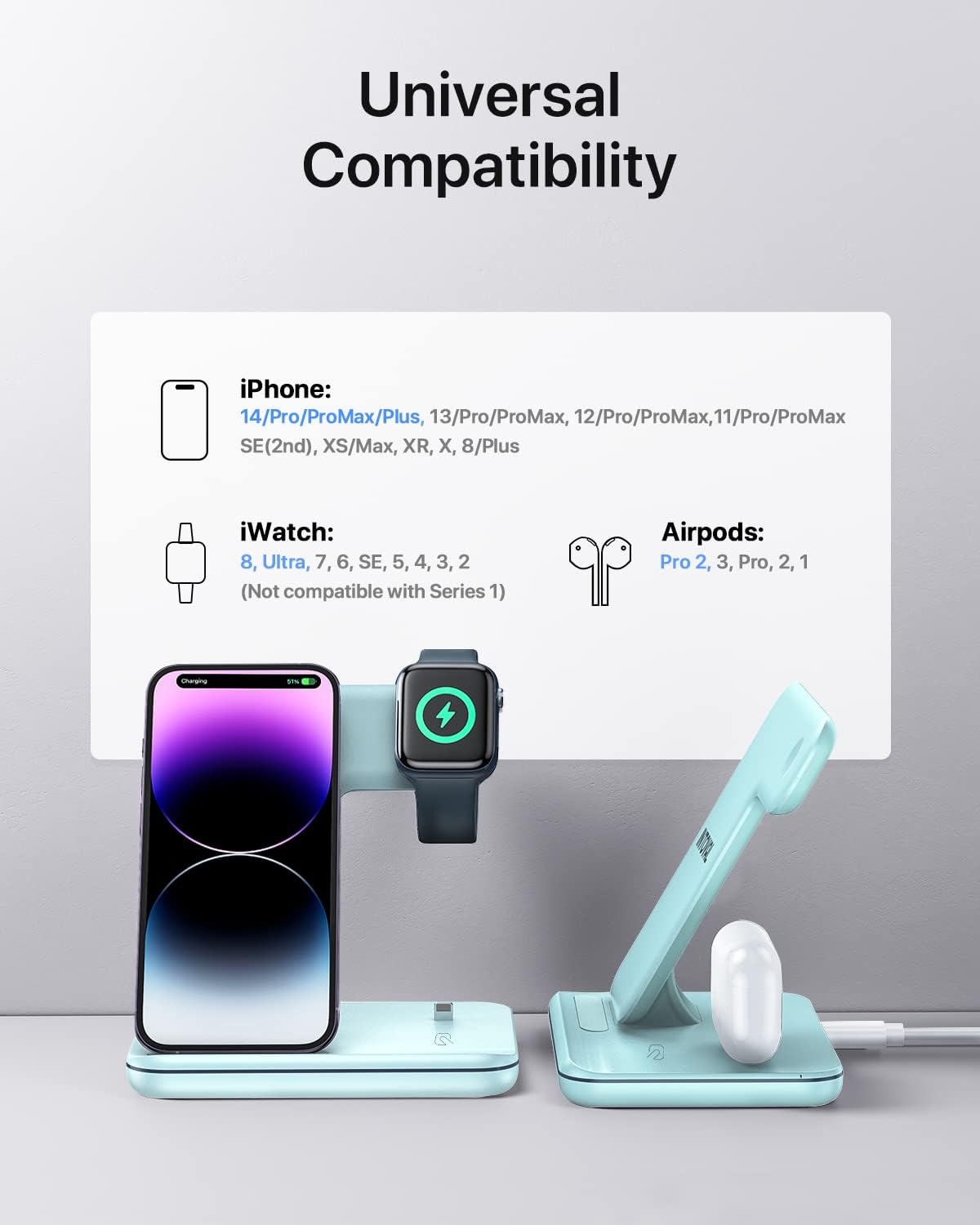 Cargador inalámbrico 3 en 1 para azul niebla