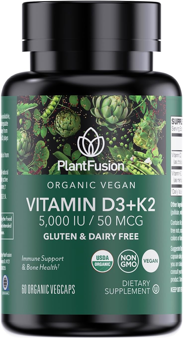 PlantFusion Vitamina D3 + K2 Orgánica Vegana 5000 IU, 60 Cápsulas