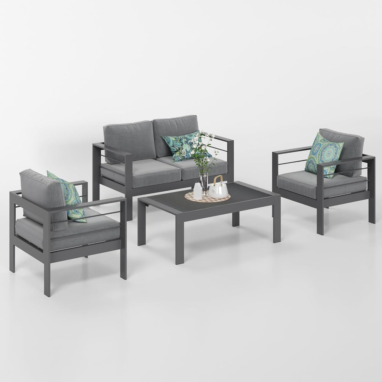 Solaste Juego de muebles de aluminio para exteriores, 4 piezas, sofá seccional de conversación con mesa, color gris