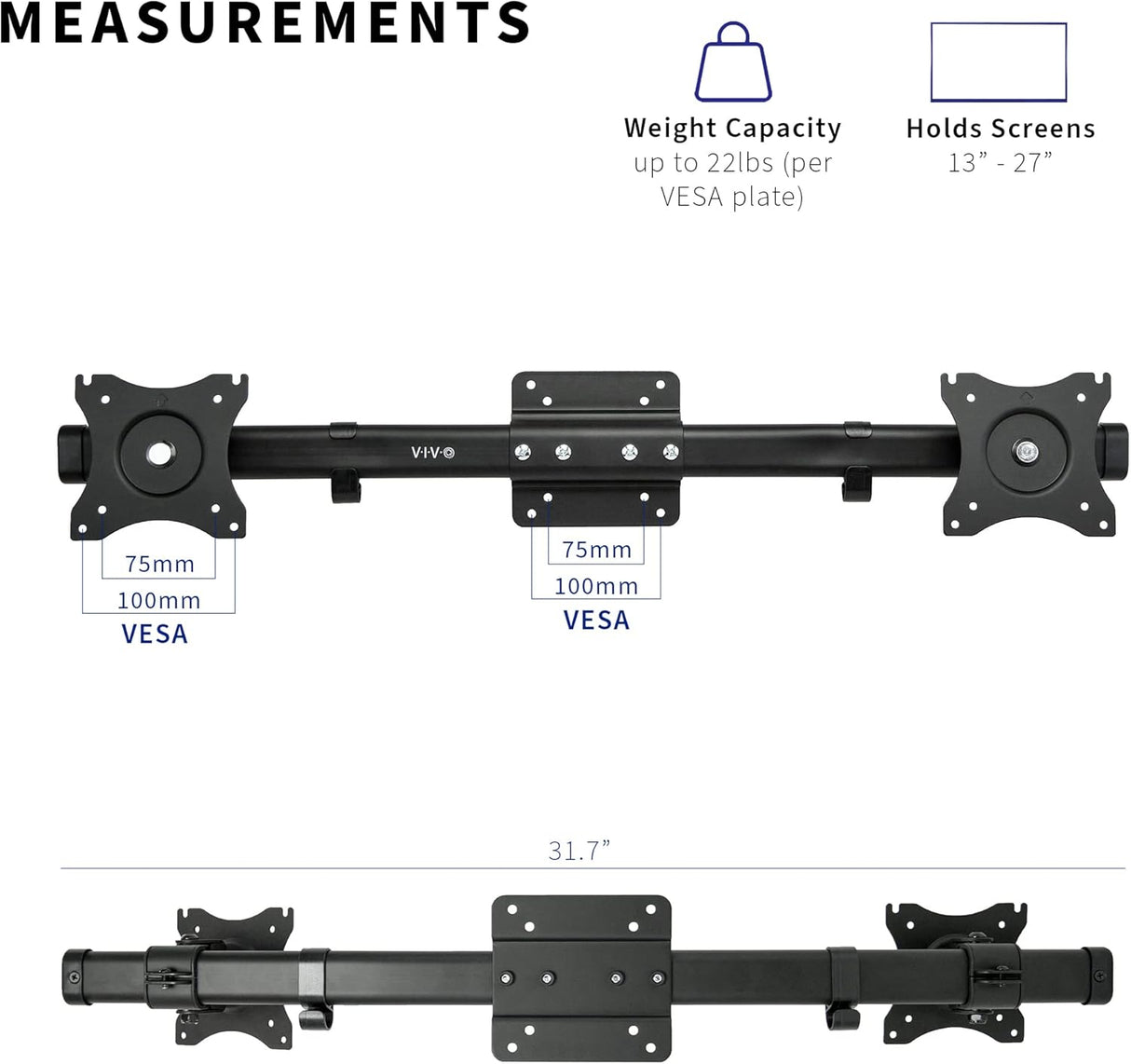 Soporte Doble VESA VIVO, Montaje Horizontal para 2 Monitores, MOUNT-VW02A