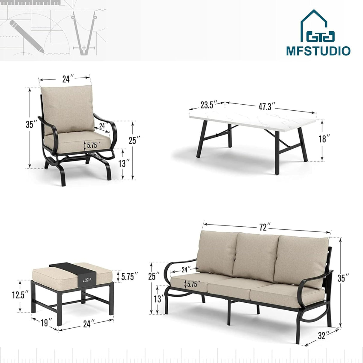 MFSTUDIO Juego de 6 piezas de conversación para patio (7 asientos), sofás de muebles de metal para exteriores con 1 sofá de 3 asientos, 2 sillas mecedoras, 2 otomanas y 1 mesa auxiliar, marco de hierro forjado con cojín beige