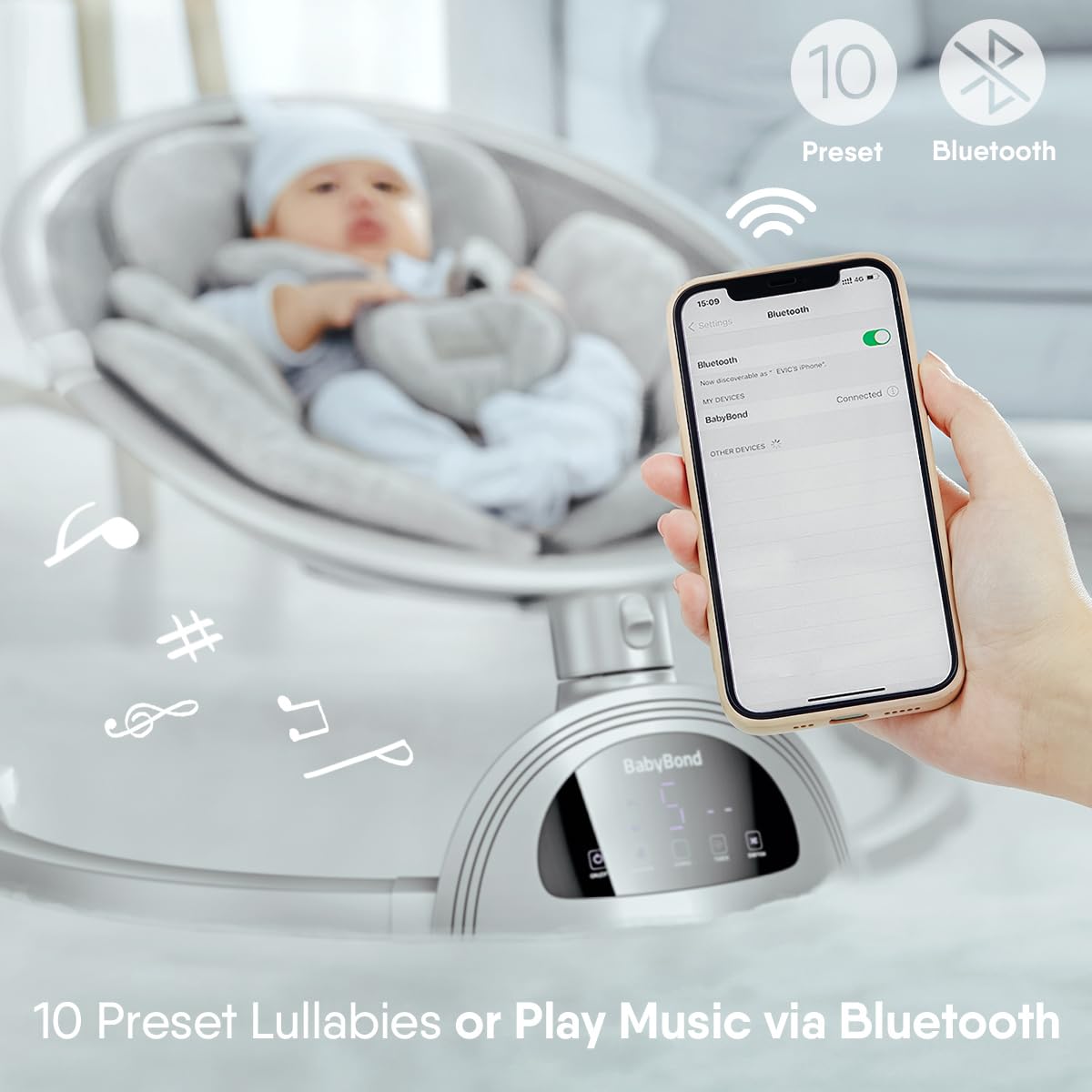 Columpios para bebés BabyBond Baby Swing, columpio infantil con altavoz de música Bluetooth, 3 posiciones de asiento, cinturón de arnés de 5 puntos, control remoto, columpio portátil para bebé para