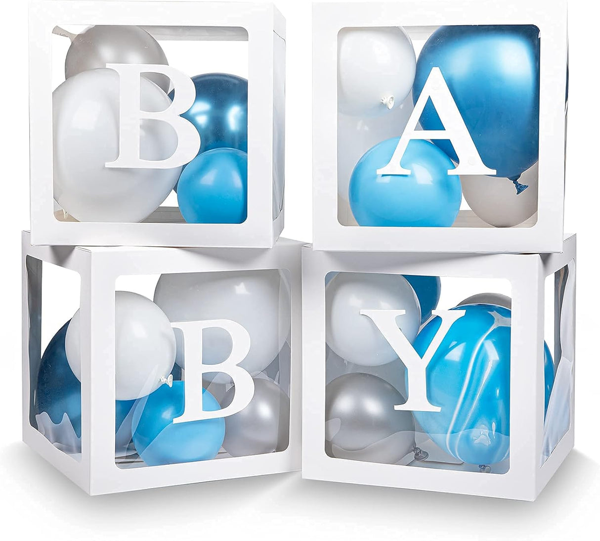 Keencopper Cajas de bebé con 30 letras (BABY+A-Z) para baby shower, decoraciones de baby shower para niño, cajas transparentes para globos transparentes para fiesta de primer cumpleaños, despedida de soltera, revelación de género, reutilizables