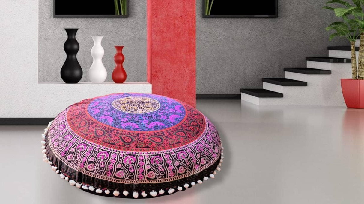 Funda bohemia para cojín, de 32 pulgadas, con diseño de mandala, para meditación, decorativa, otomana, grande, para exteriores, decoración del hogar, decoración de arte en el hogar, redonda, con pompones de algodón, cómoda