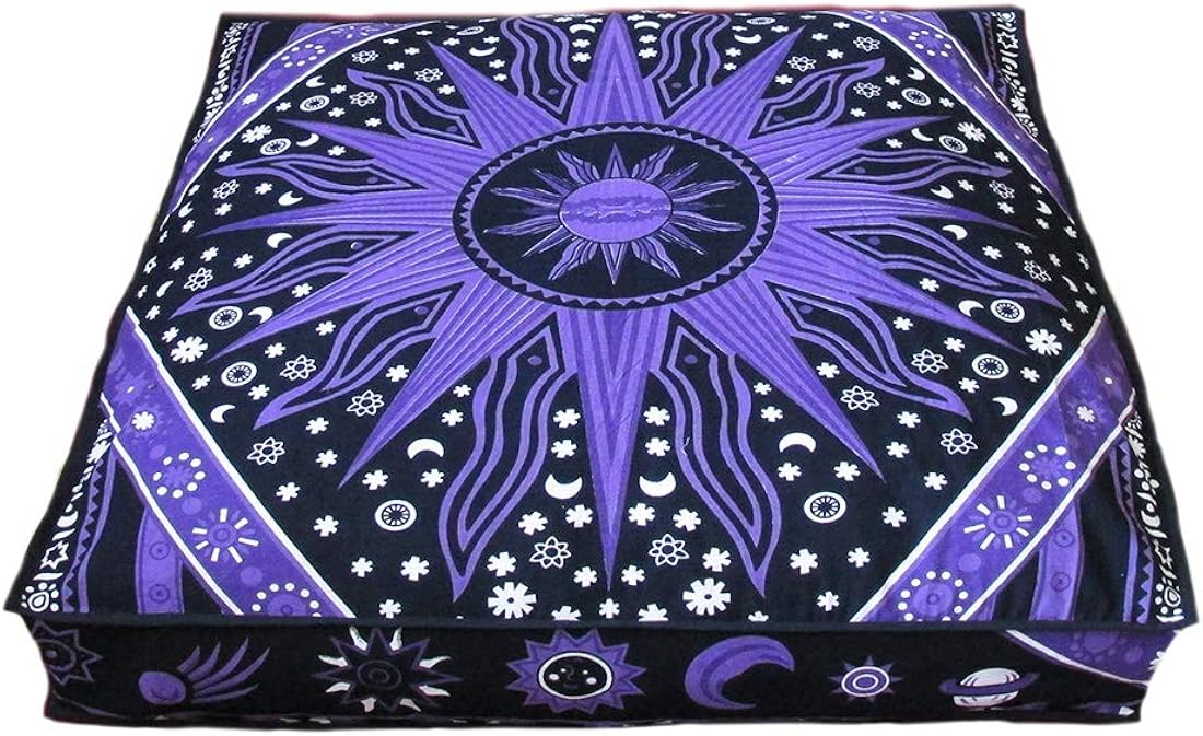 ICC Large Square Floor Pillow Cover Hippie Ottoman Pouf Cover Daybed Cotton Mandala Cushion Cover with Heavy Duty Zipper Seating Ottoman Poufs Dog-Pets Bed (Purple Burning Sun, 35" Square)