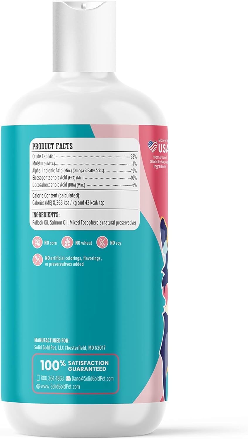 Solid Gold Aceite de pescado para perros y gatos – Aceite de salmón salvaje de Alaska para apoyo de la piel y el pelaje de perros – Mezcla de aceite de abadejo Omega 3 y ácidos grasos con EPA y DHA