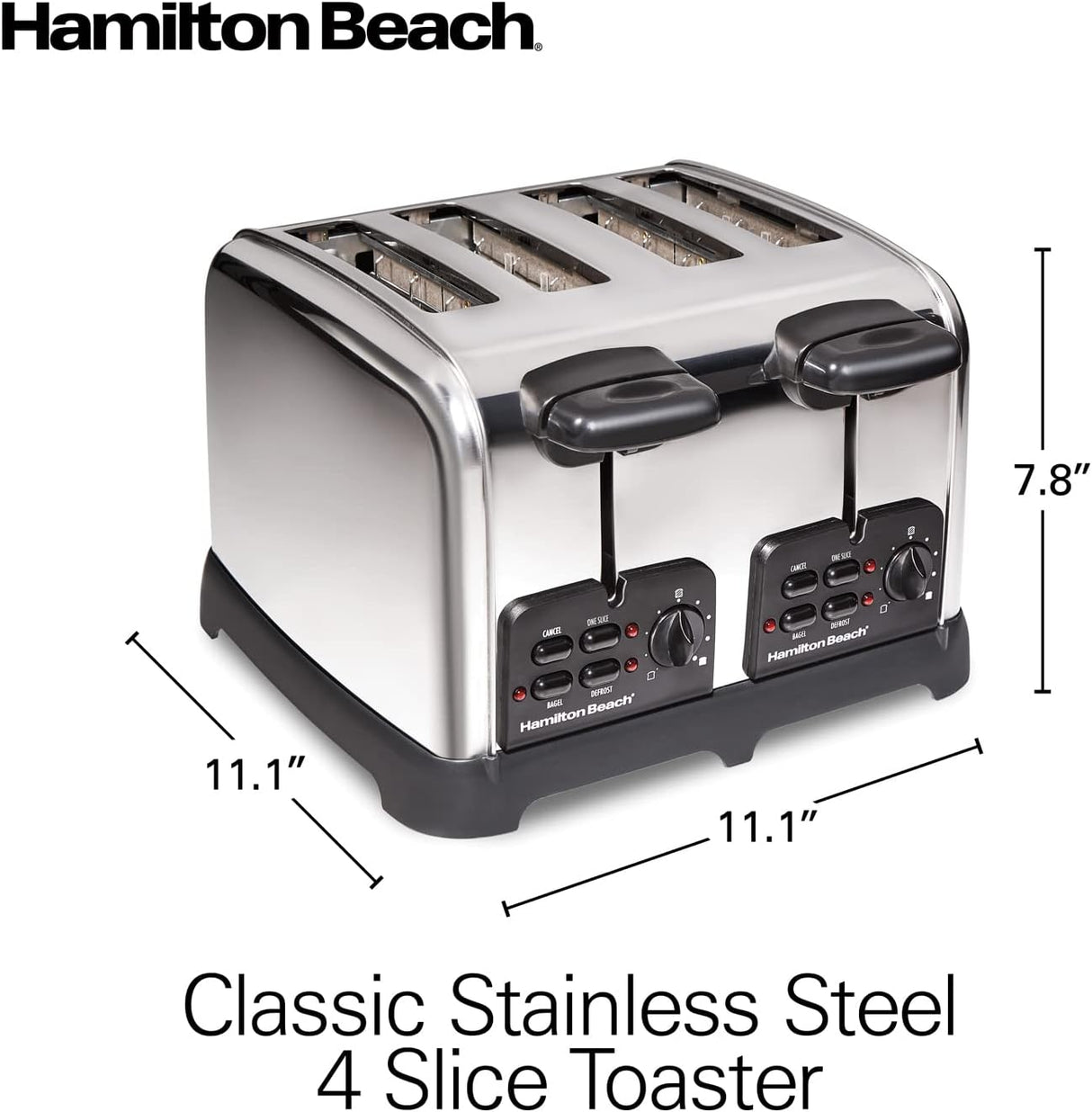 Hamilton Beach 24782 Tostadora retro con ranuras anchas, tecnología Sure-Toast, ajustes de bagel y descongelación, impulso automático para levantar panes más pequeños, 4 rebanadas, acero inoxidable