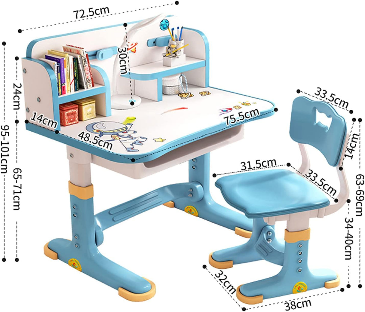 Escritorio y silla ajustables para niños con cajón y patrón.