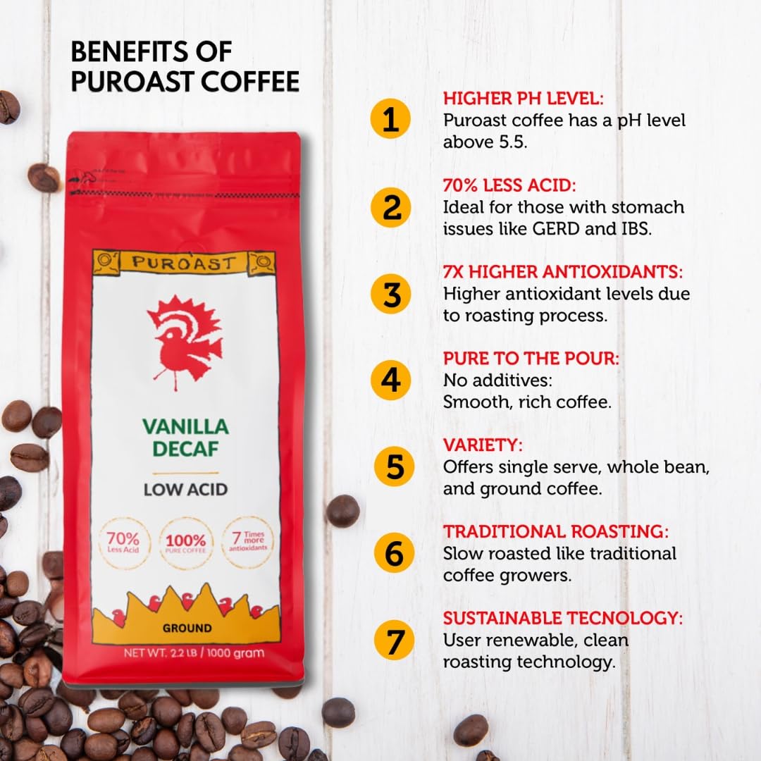 Café Puroast Descafeinado Vainilla, Bajo Acidez, 2.2 lb