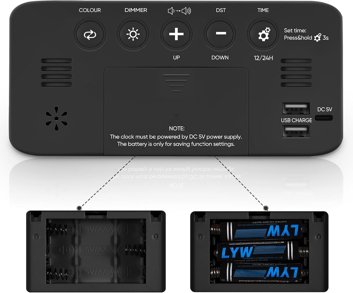 Reloj despertador super fuerte con luz nocturna y carga USB