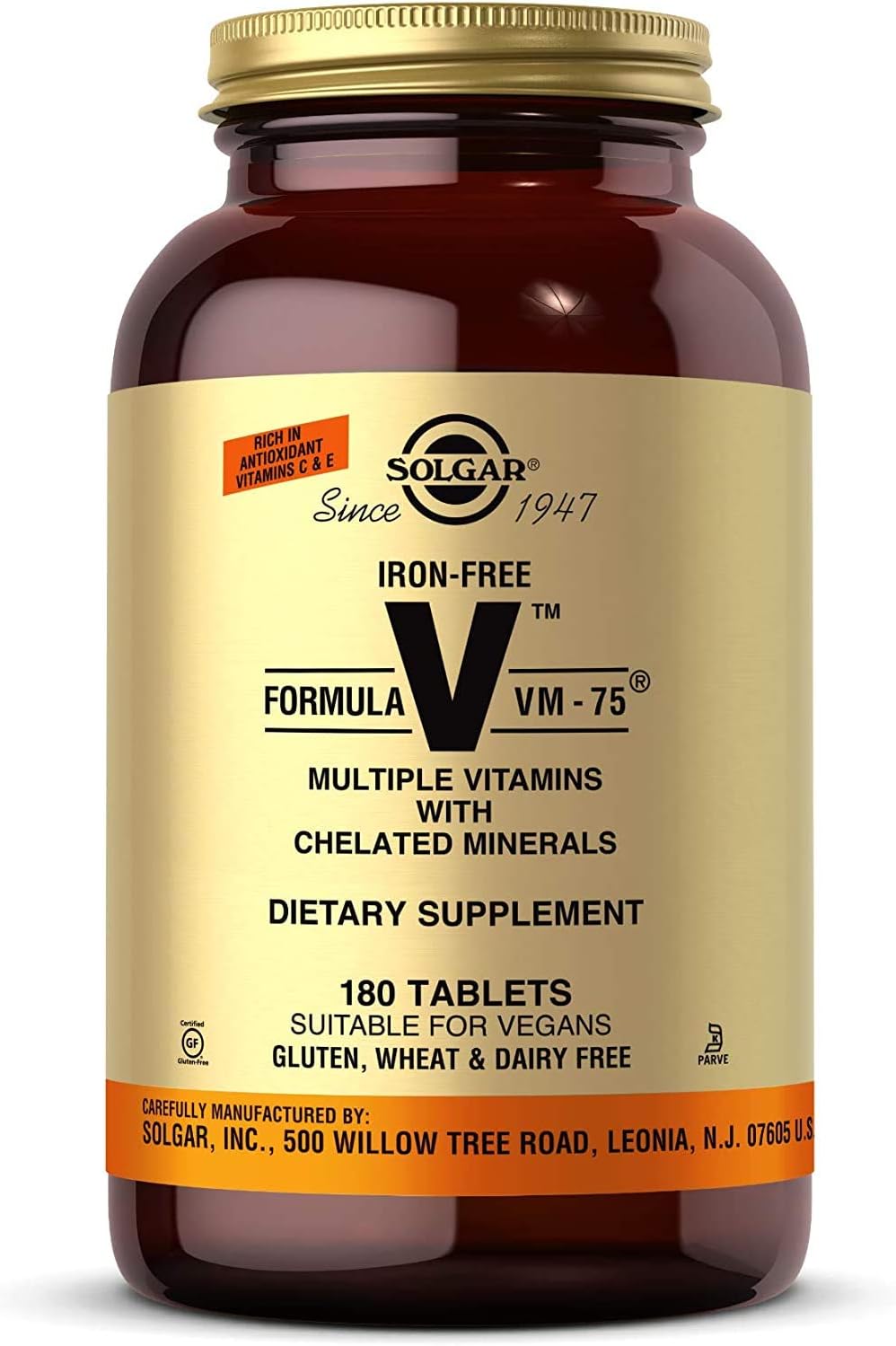 Solgar VM-75 Multivitamínico Vegano, 180 Tabletas Sin Hierro